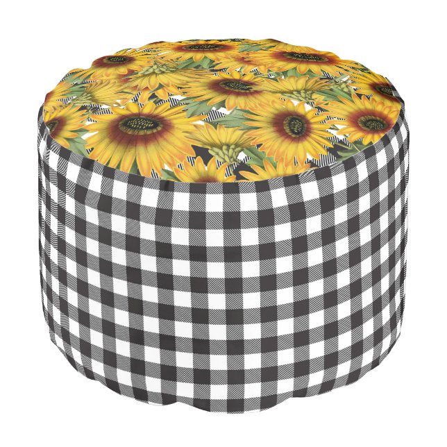 Black and White Buffalo Plaid Sunflowers Pouf (Angled Front)
