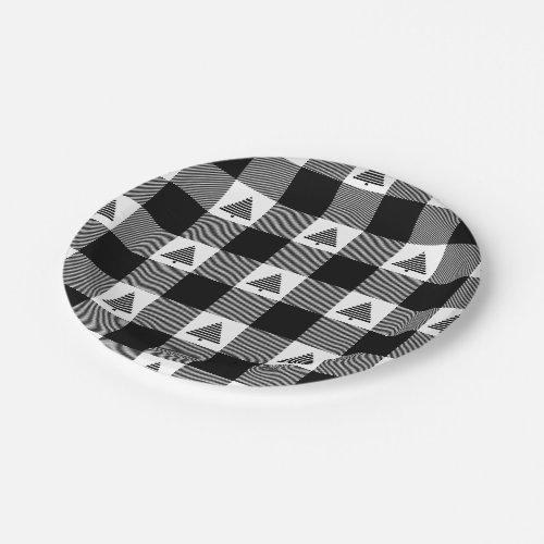 Black and White Buffalo Plaid with Christmas Trees Paper Plates