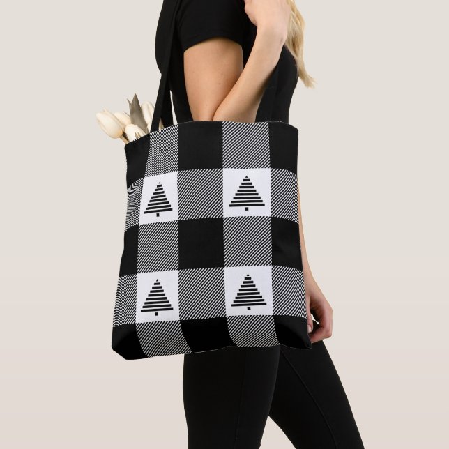 Black and White Buffalo Plaid with Christmas Trees Tote Bag (Close Up)