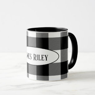 black and white buffalo plaid with name mug