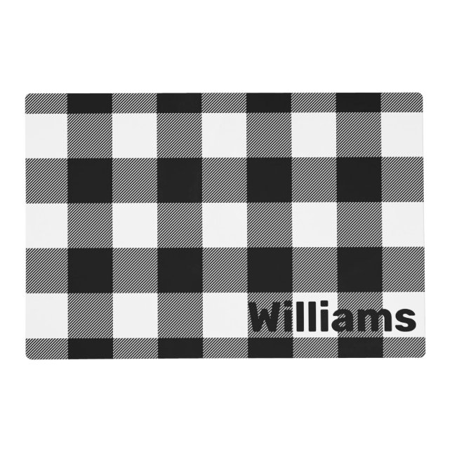 Black and White Buffalo Plaid with Name Placemat (Front)