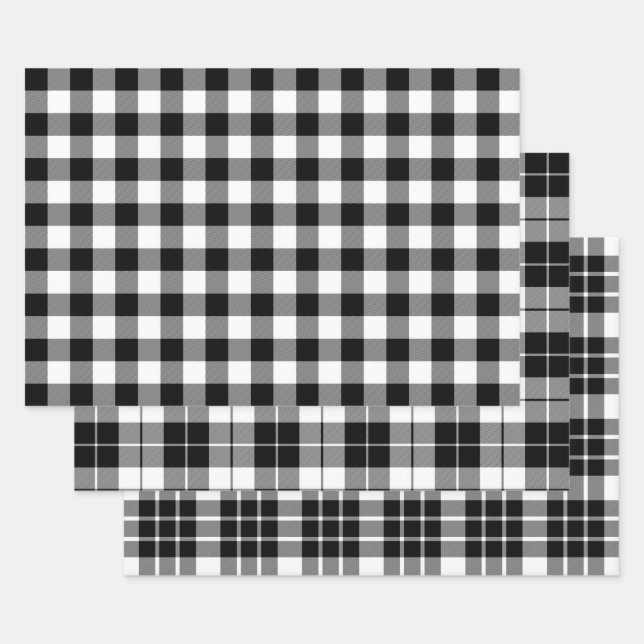 Black and White Buffalo Plaid Wrapping Paper Sheets (Set)