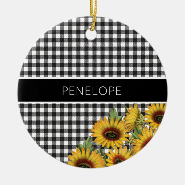 Black and White Buffalo Plaid Yellow Sunflowers Ceramic Ornament (Front)