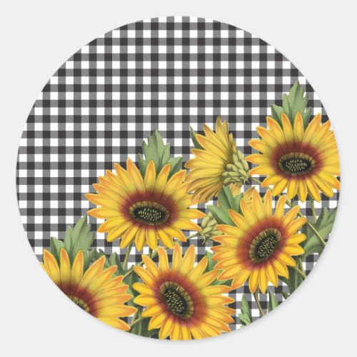 Black and White Buffalo Plaid Yellow Sunflowers  Classic Round Sticker