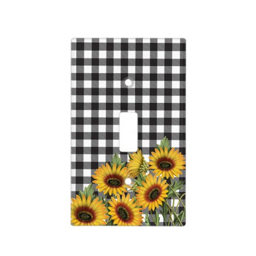 Black and White Buffalo Plaid Yellow Sunflowers Light Switch Cover