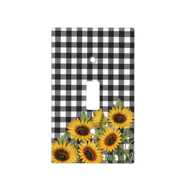 Black and White Buffalo Plaid Yellow Sunflowers Light Switch Cover (Front)