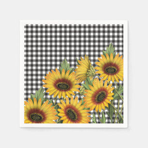 Black and White Buffalo Plaid Yellow Sunflowers Napkins