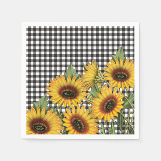 Black and White Buffalo Plaid Yellow Sunflowers Napkins