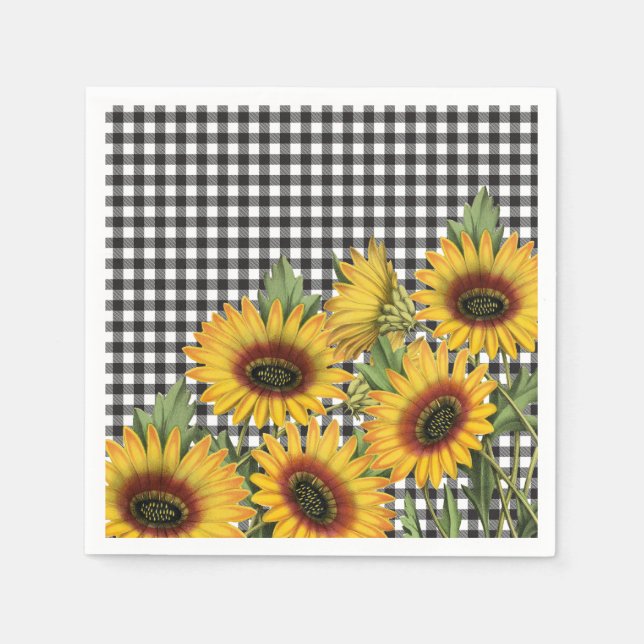 Black and White Buffalo Plaid Yellow Sunflowers Napkins (Front)