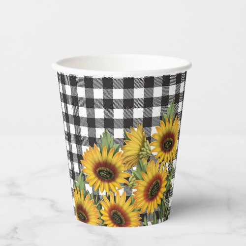 Black and White Buffalo Plaid Yellow Sunflowers Paper Cups