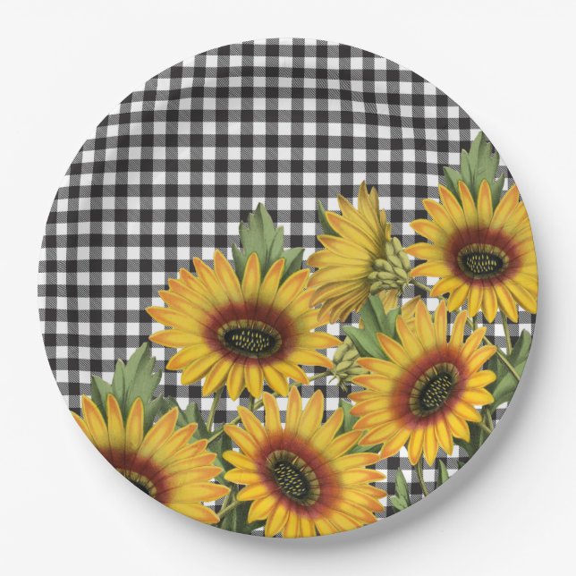 Black and White Buffalo Plaid Yellow Sunflowers  Paper Plates (Front)