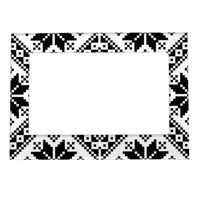 Black and White Bulgarian Embroidery Pattern Magnetic Frame (Front)
