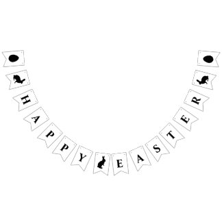 Black And White Bunnies Happy Easter Text Bunting Flags