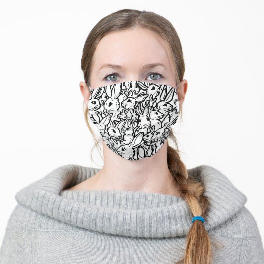 Black and White Bunny Rabbit Animal Pattern Adult Cloth Face Mask (Worn)