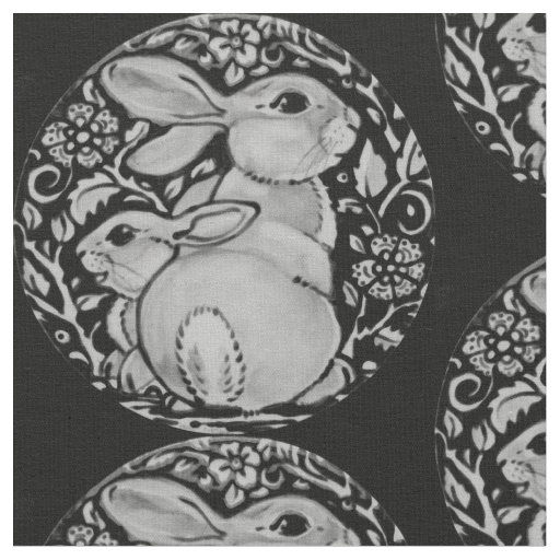 Black and White Bunny Rabbit Fabric Gray Medallion
