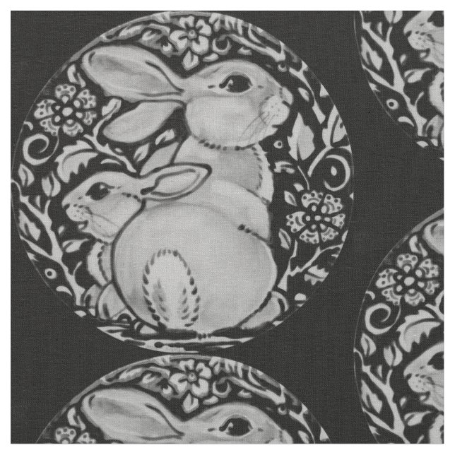 Black and White Bunny Rabbit Fabric Gray Medallion (Close Up)