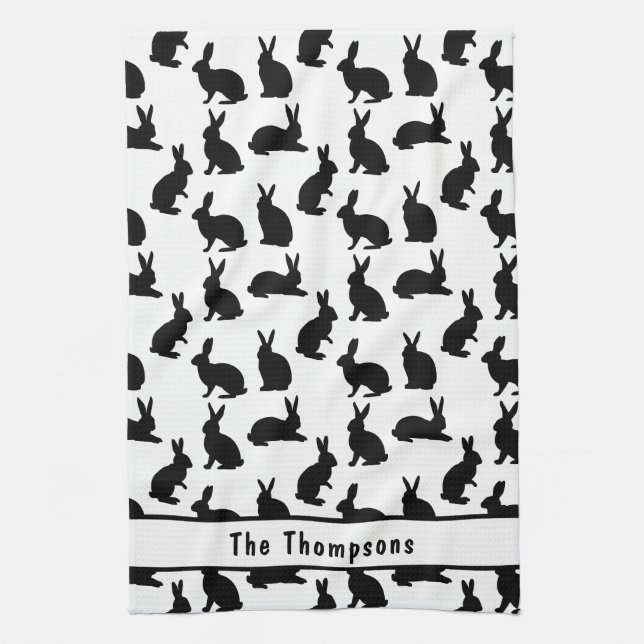 Black And White Bunny Shapes And Name Easter Kitchen Towel (Vertical)