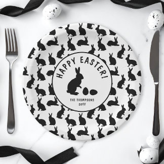 Black And White Bunny Shapes Modern Easter Paper Plates