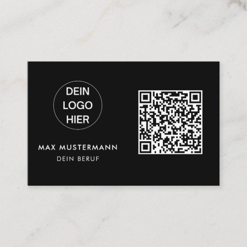 Black and white business card with logo and QR cod