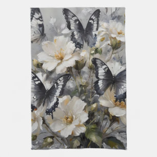 Black And White Butterflies On White Flowers, Kitchen Towel