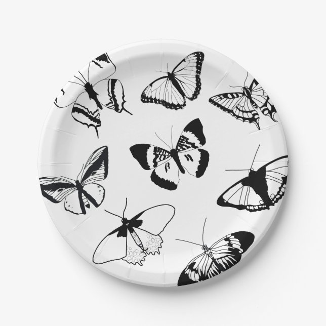 Black and White Butterflies Paper Plates (Front)