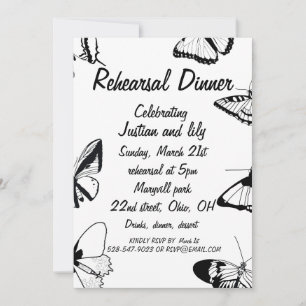 Black and White Butterflies Rehearsal Dinner Invitation