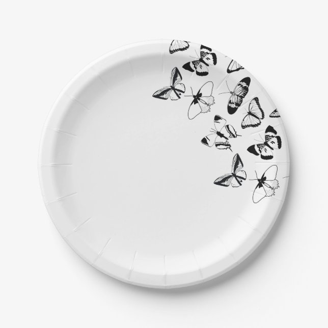 Black and White Butterflies wedding Paper Plates (Front)
