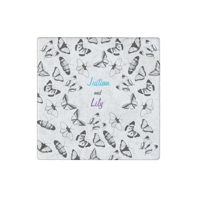 Black and White Butterflies wedding Stone Magnet (Front)