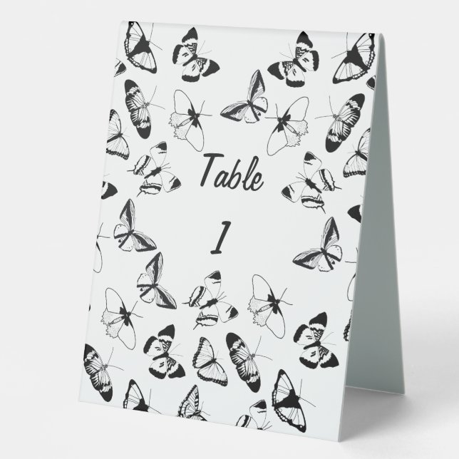 Black and White Butterflies wedding Table Card Tent (Front)