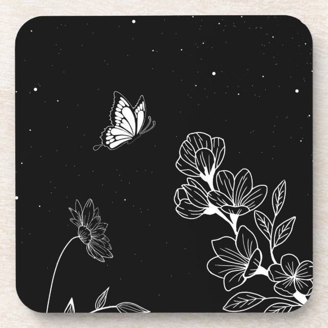 Black and White Butterfly and Flowers at Night Art Beverage Coaster (Front)
