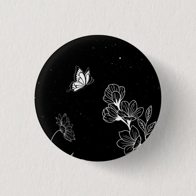 Black and White Butterfly and Flowers at Night Art Button (Front)