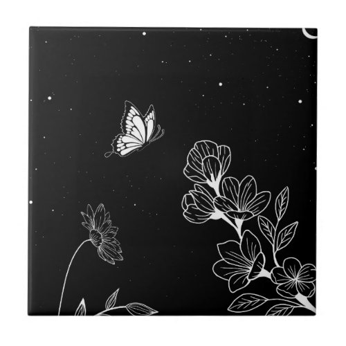 Black and White Butterfly and Flowers at Night Art Ceramic Tile