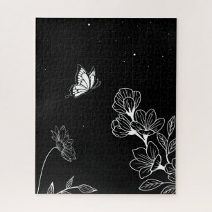 Black and White Butterfly and Flowers at Night Art Jigsaw Puzzle