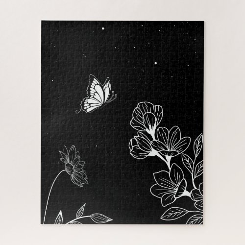 Black and White Butterfly and Flowers at Night Art Jigsaw Puzzle
