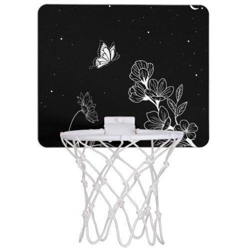 Black and White Butterfly and Flowers at Night Art Mini Basketball Hoop