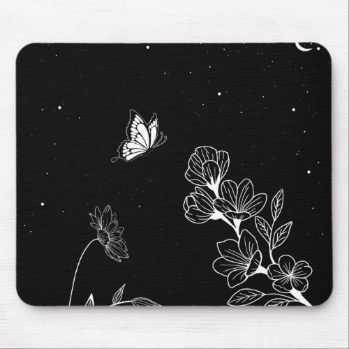 Black and White Butterfly and Flowers at Night Art Mouse Pad