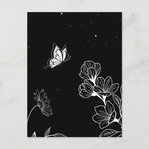 Black and White Butterfly and Flowers at Night Art Postcard