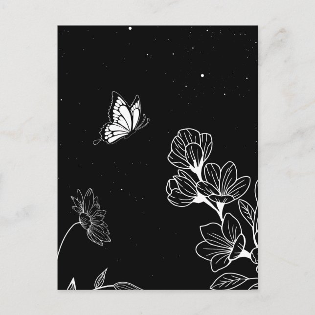 Black and White Butterfly and Flowers at Night Art Postcard (Front)