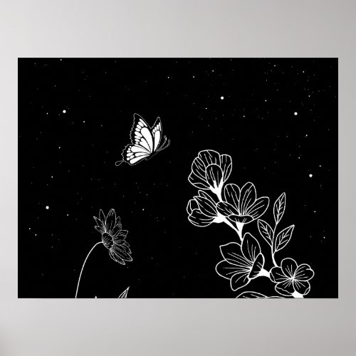 Black and White Butterfly and Flowers at Night Art Poster