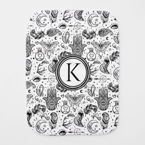 Black and White Butterfly Boho Elements Monogram Baby Burp Cloth