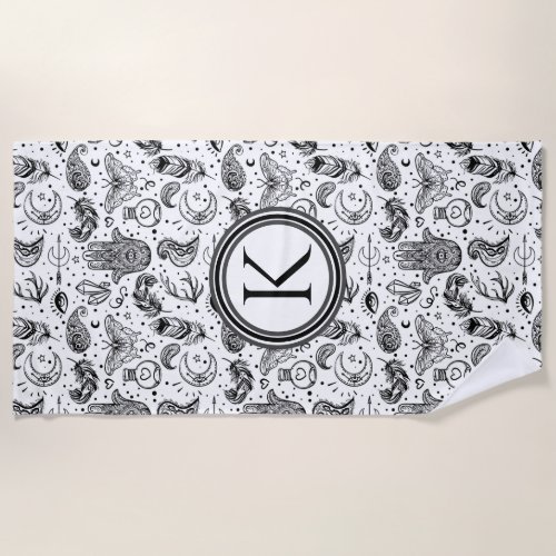 Black and White Butterfly Boho Elements Monogram  Beach Towel