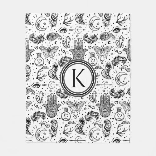 Black and White Butterfly Boho Elements Monogram  Fleece Blanket