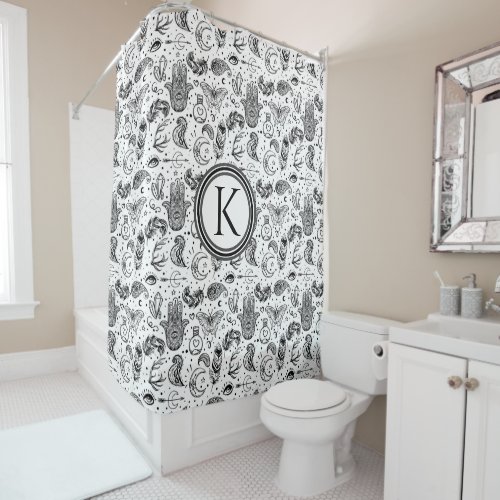 Black and White Butterfly Boho Elements Monogram  Shower Curtain