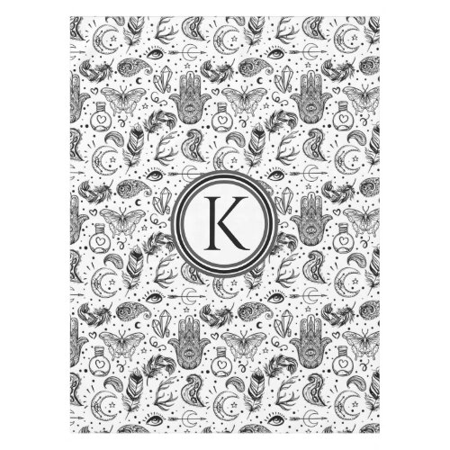 Black and White Butterfly Boho Elements Monogram  Tablecloth