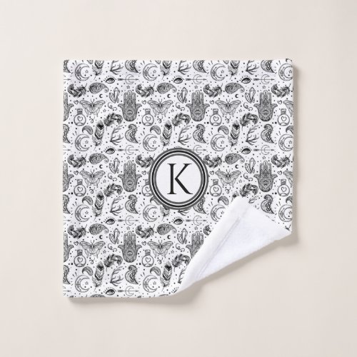 Black and White Butterfly Boho Elements Monogram  Wash Cloth