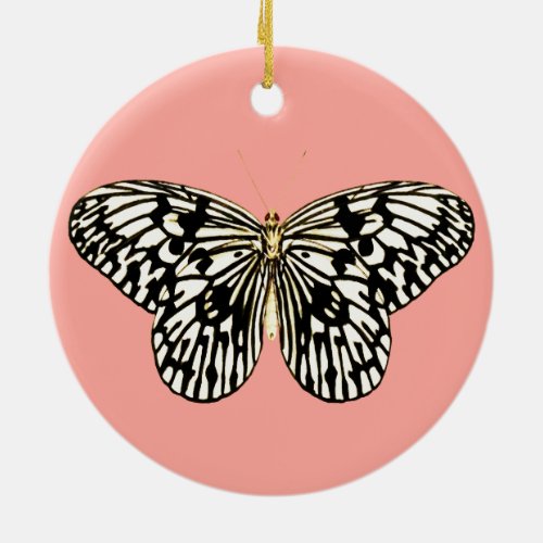 Black and white butterfly coral pink background ceramic ornament
