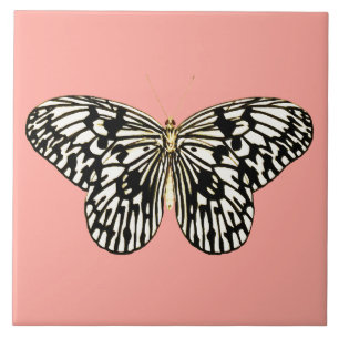Black and white butterfly,coral pink background ceramic tile