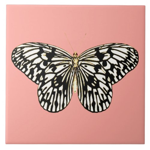 Black and white butterflycoral pink background ceramic tile