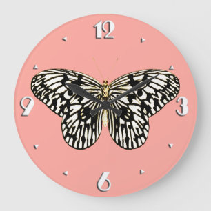 Black and white butterfly,coral pink background large clock