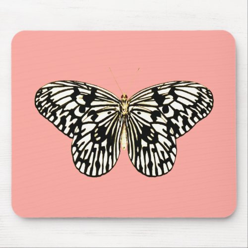 Black and white butterflycoral pink background mouse pad